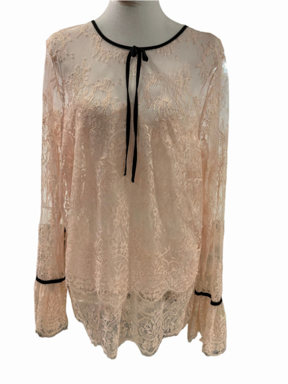 Women's Unbranded Lace Blouse Size L Beige Black Long Sleeve